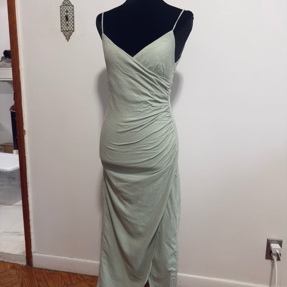 Zara Light Green Midi Dress with Spaghetti Straps